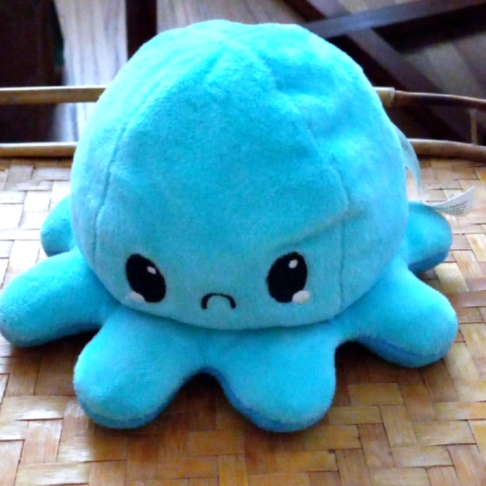 TeeTurtle Reversible Happy + Sad Blue Plush Octopus Toy Stiffed Animal 4"